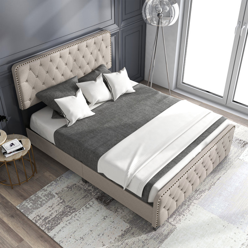  Ferris Tufted Upholstered Low Profile Standard Bed, King, Beige
