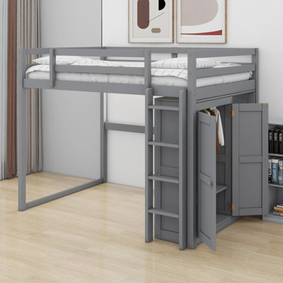 Lit mezzanine avec garde-robe et tablettes de rangement, lumière DEL