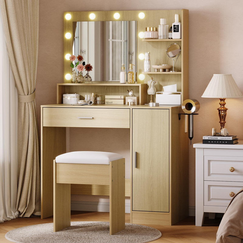 Vanity Desk with Mirror and 10 LED Bulbs, Modern Makeup Table Including Charging Station (USB & Type-c),Large Storage Shelves,Hairdryer Rack & Cushioned Stool,3 Lighting Modes Dressing Set for Bedroom