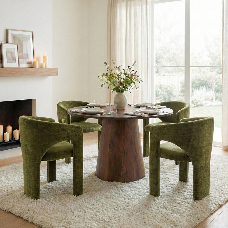 5-Piece Mid-Century Round Dining Set For 4, Olive Green