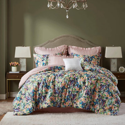 8 - Piece Comforter For Queen Bed, Ruffled Pillow Shams, Naturally Cool All Season Comfort, And Reversible Design 8pcs , Vivid Digital Floral, Soft Fill, Decorative Pillows