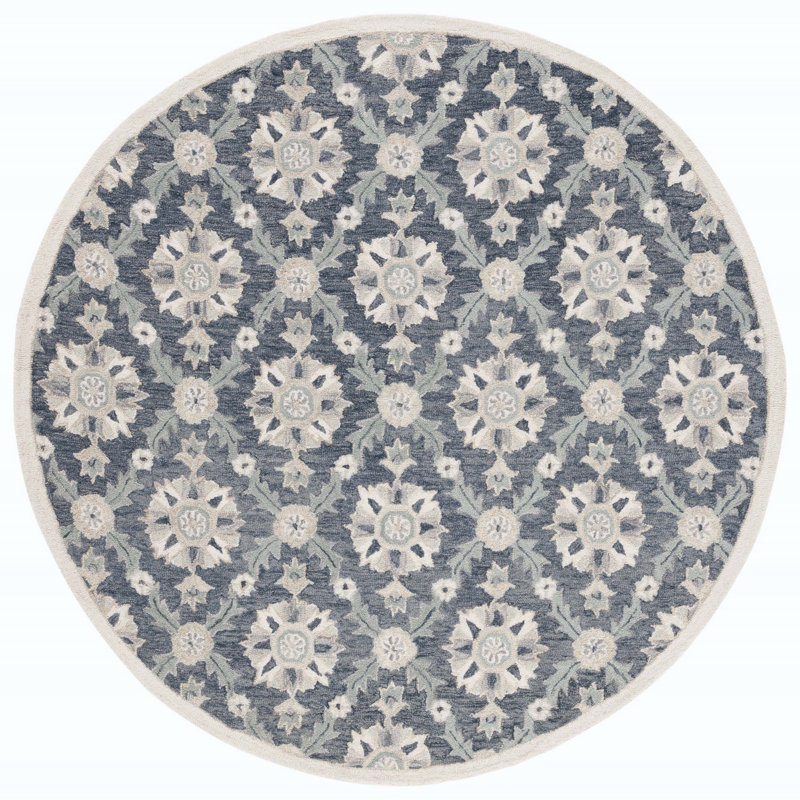 Martha Stewart Hand Tufted Wool/Cotton Damask Rug in Blue/Ivory, Round 6"
