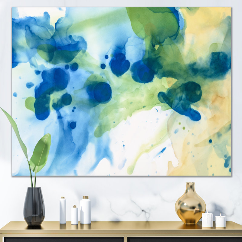 Encre verte, éclaboussures bleues et œuvres d'art sur toile moderne, H 24 po x l 36 po x P 1,5 po, Toile tendue