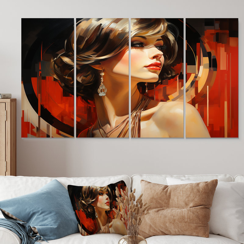 Red Allure Glam Woman Portrait I - Woman, art mural 4 pièces, H 28 po x l 48 po