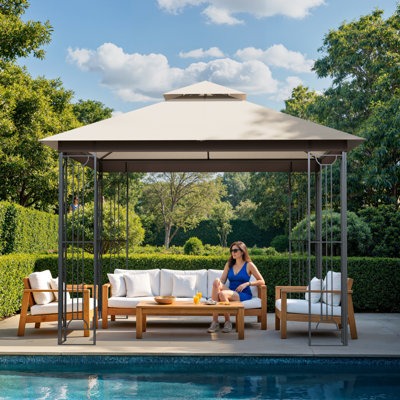 10 pi. L 10 pi. D Pavillon de jardin en acier avec toit à deux niveaux, 4 tablettes d'angle et moustiquaire