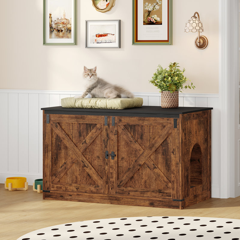 Enceinte de litière pour chat avec coussin, meuble de litière caché avec séparateurs amovibles, entrée réversible à gauche ou à droite, chatière, brun rustique et noir
