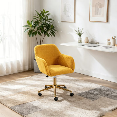 Modern Teddy Fabric Adjustable Height 360 Revolving Home Office Chair With Gold Metal Legs And Universal Wheels, Yellow