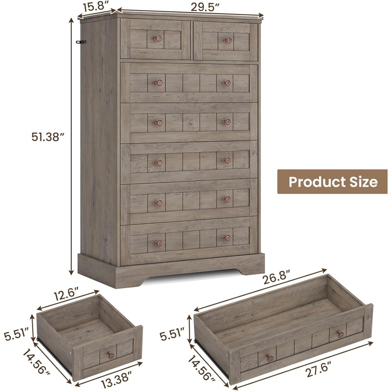 Tall Dresser With 7 Drawers For Bedroom, Farmhouse Chest Of 7 Drawers For Living Room, Wooden Closet Storage Cabinets Bedroom Dresser, Gray