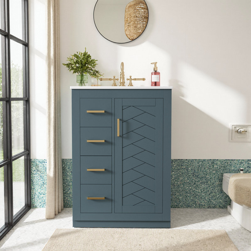 Meuble-lavabo 24 po avec lavabo en céramique intégré et armoire à trois tiroirs, Blue