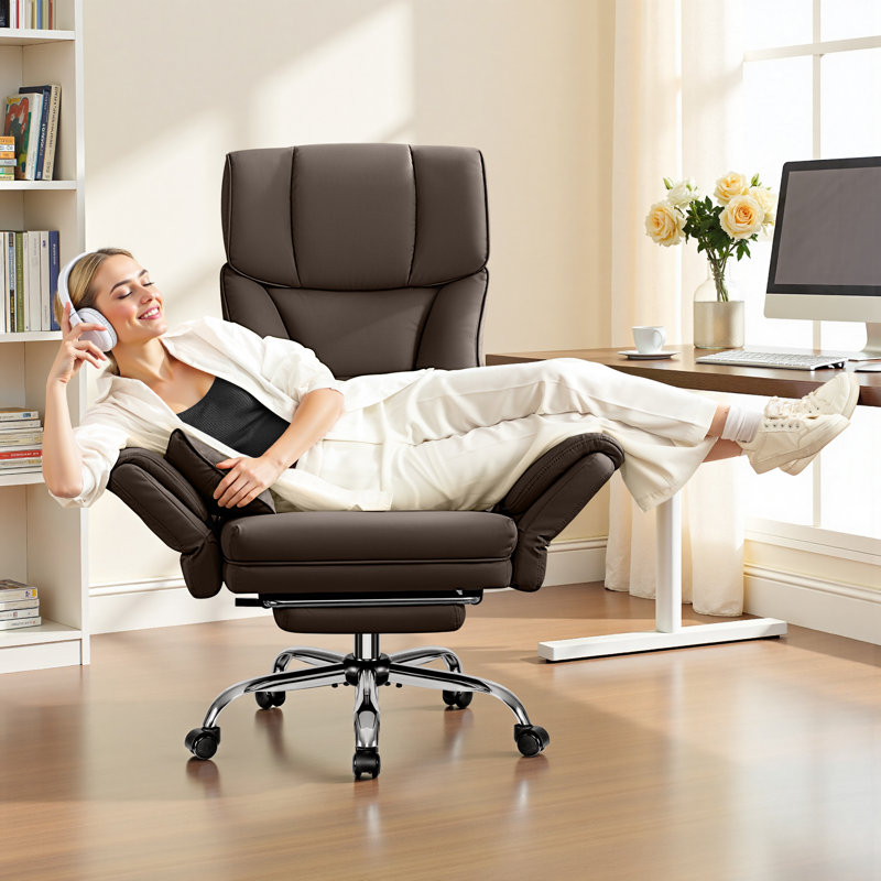 Big and Tall Cross Legged Office Executive Chair with Footrest and Convertible Infinite Gear Armsrest, Coffee Brown