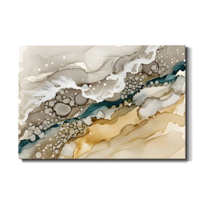 Tableau abstrait fluide à l'encre beige et turquoise sur toile, 61 x 91 cm (24 x 36 pouces), impression sur châssis, décoration murale beige et turquoise aux tons doux et actuels pour salon, chambre et salle à manger