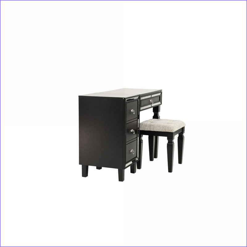 Ensemble de meuble-lavabo avec tabouret, mobilier de chambre noir traditionnel avec miroir en acier inoxydable 3 tiroirs | Bois d'hévéa | Noir