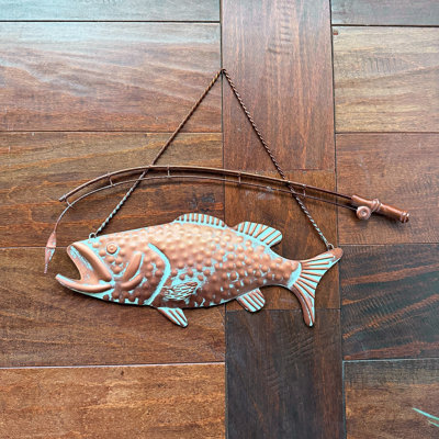 Metal Largemouth Bass Wall Sculpture with Copper Verdigris Finish and Rod Lure, 15 Inches Wide