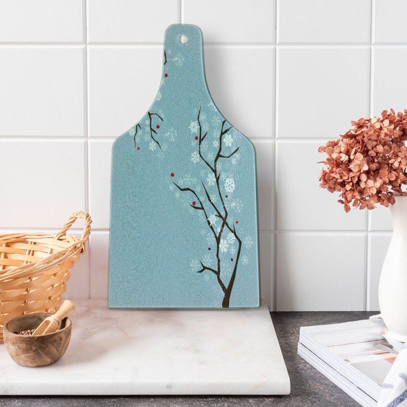 Ambesonne Snowy Trees Tempered Glass Cutting Board Snowflakes on Branches Blue Grey Dark Cocoa