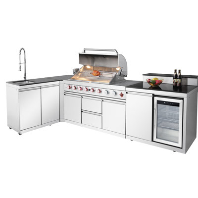 Îlot de cuisine extérieure à gaz en acier inoxydable à 6 brûleurs avec évier, rangement à double porte, réfrigérateur, armoire à trois niveaux, brûleurs puissants, plateau coulissant pour bouteille de propane, modulaire