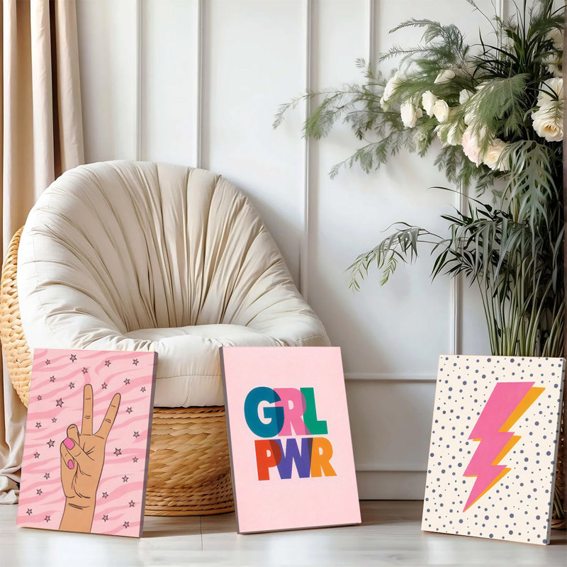 Ensemble de 3 affiches murales encadrées, GRL PWR, impressions sur toile avec symbole de paix rose et éclair, décoration avec citation inspirante pour chambre, dortoir, chambre d'ado, décoration moderne bohème inspirante pour adolescents