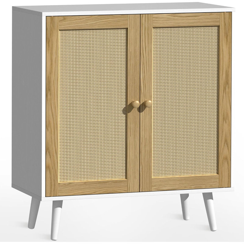 Armoire de rangement 2 portes en rotin, console de buffet en bois avec tablettes pour le rangement de la cuisine et du vestibule