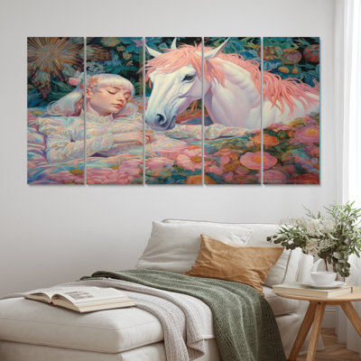 «Sleeping With The Unicorns» - art mural de licorne fantastique - 5 panneaux égaux