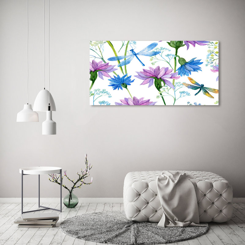 Flowers And Dragonflies - Wrapped Canvas Print