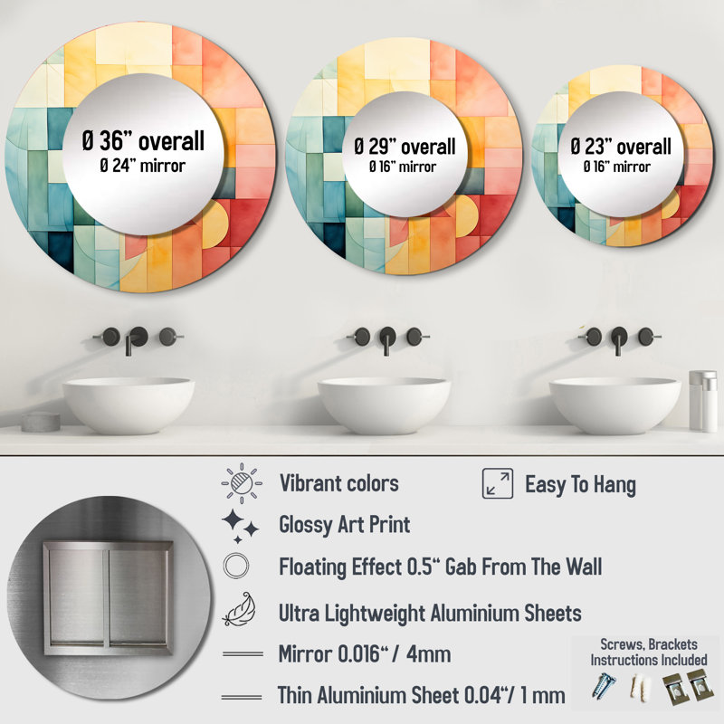 Cubism Experiment With Minimalist II - Cubism Decorative Mirror, Modern Large Round Wall Mirror, Printed Metal Art, 29" x 29"