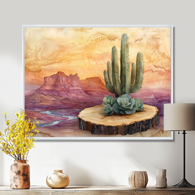 Cactus du désert sur un plateau en bois I - Cactus Wall Art, H 30 po x l 40 po, Cadre flottant, Blanc