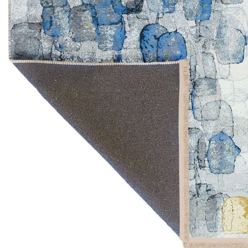 Tapis décoratif moderne à motif abstrait bleu et gris de la collection Barcelona, Rectangle 5 pi 1,02 po x 7 pi 6,55 po