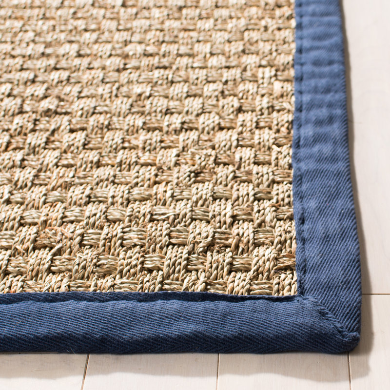 Tapis naturel / bleu en lattes de bambou / bleu marine, Rectangle 9 pi x 12 pi
