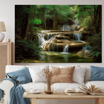 Waterfall In Dense Forest I - Landscape Mountains Canvas Art Print