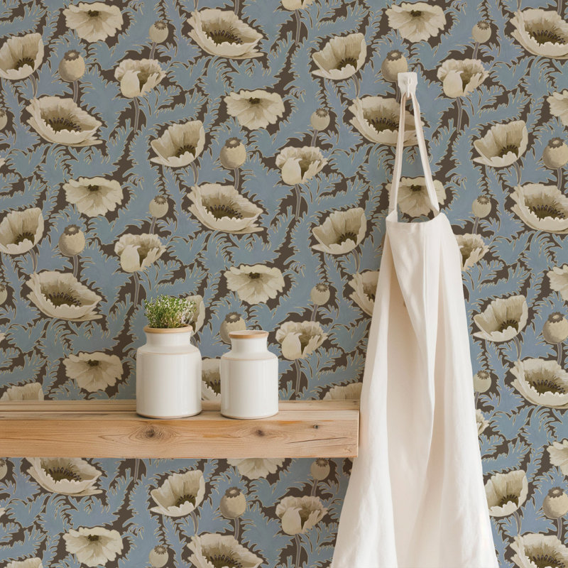 Poppy Bloom - Floral Wallpaper, Vinyl, Brownstone Blue, Self-Adhesive