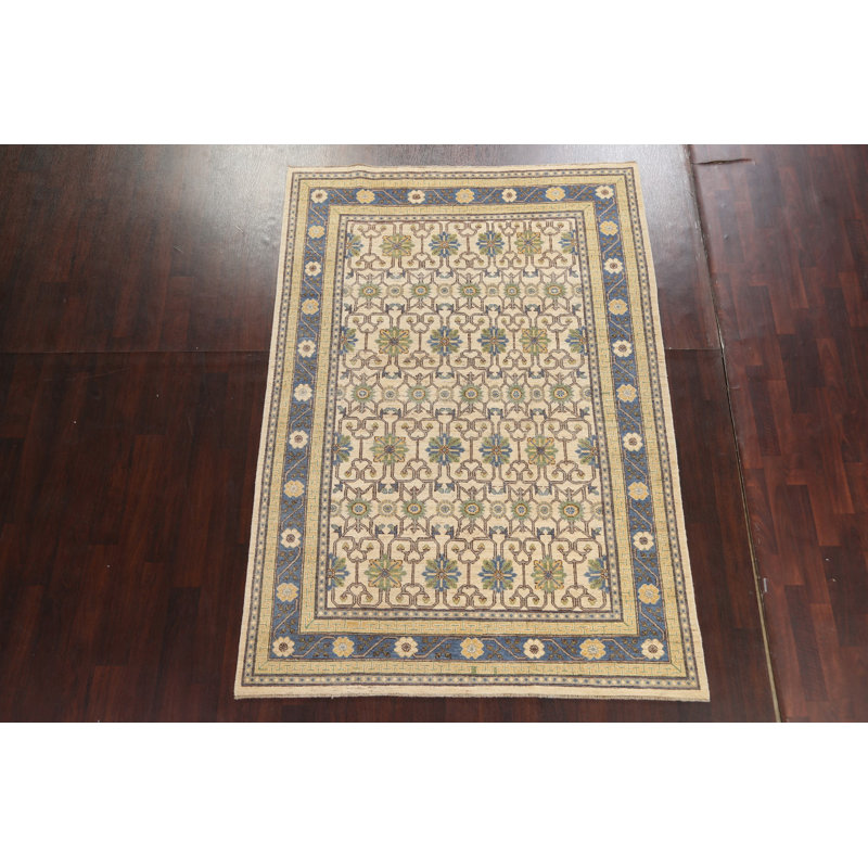 Tapis beige noué à la main de conception unique 5 pi 10 po x 8 pi 6 po