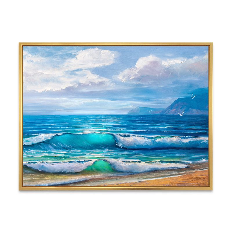 Lumière reflétant les vagues de la mer sur le rivage - peinture sur toile, H 12 po x l 20 po, Cadre flottant doré