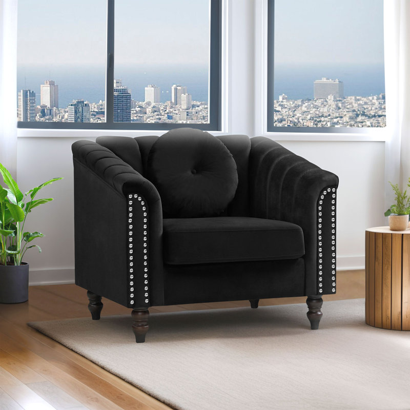 Fauteuil de salon rembourré en microfibre noire avec accoudoirs arrondis, Microfibre / microsuède noir