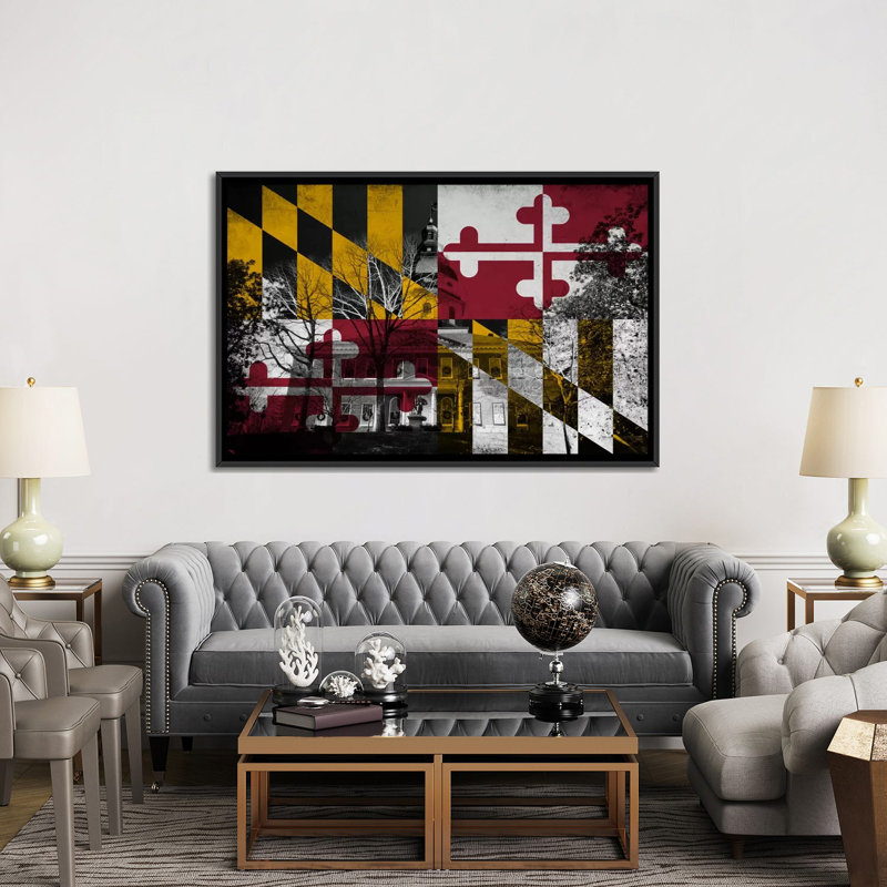 Drapeau du Maryland, Capitole du bâtiment, impression sur toile, H 18 po x l 26 po x P 1,5 po, Toile avec cadre noir