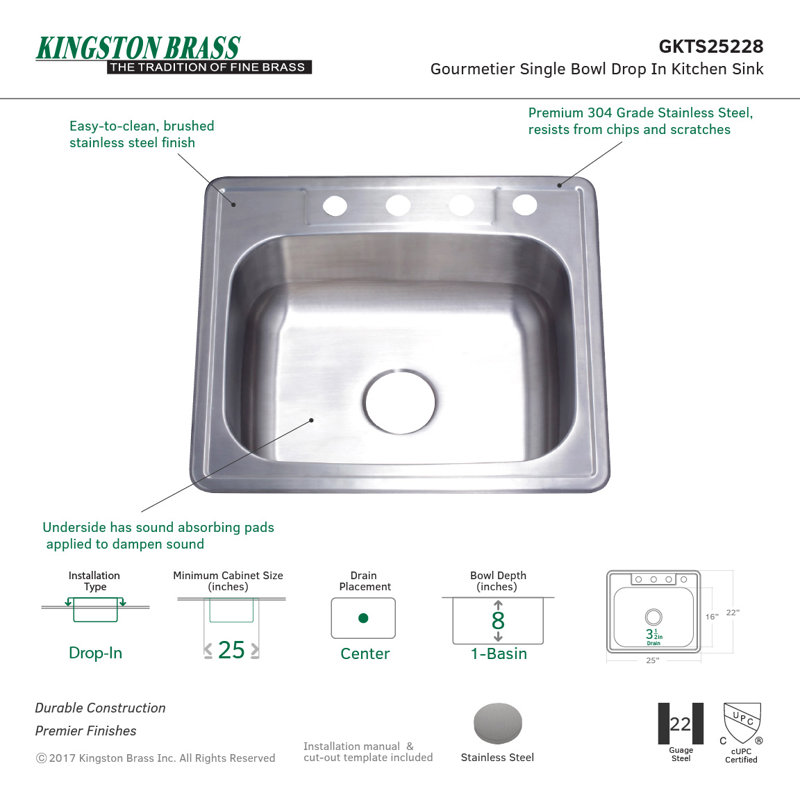 Brushed Stainless Steel Single Bowl Drop-In Kitchen Sink