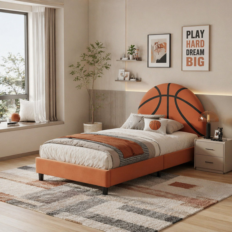 Lit plateforme tapissier simple pour enfants, Sans garde-corps, Orange