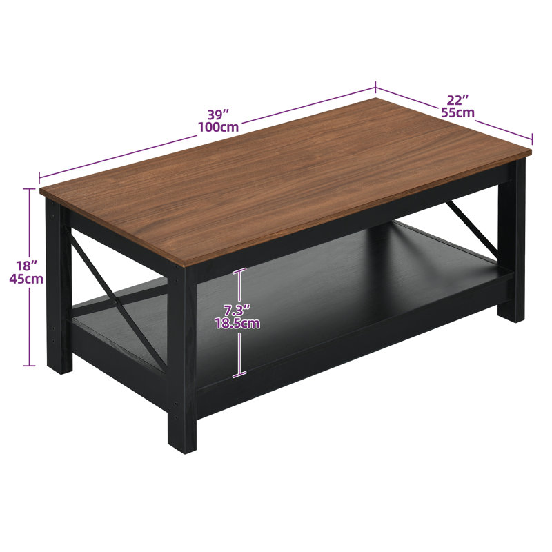 O'Kean 39" Rectangular Coffee Table with Storage For Living Room, Black, Walnut