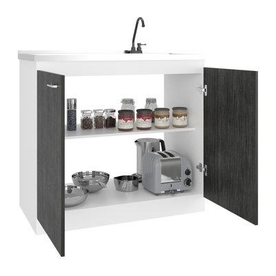 Évier utilitaire gris blanc avec robinet à option de remplacement et surface en acier inoxydable intégrée, armoire autoportante avec deux portes de rangement pour la cuisine et tablettes intérieures