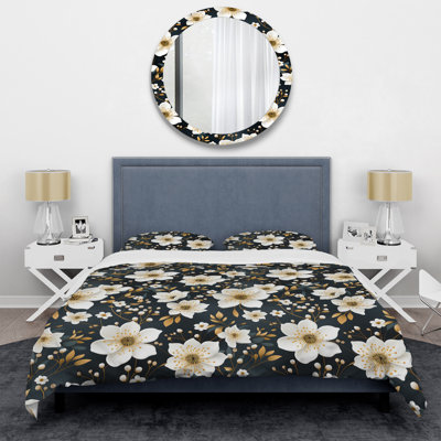 Enchanting Mystic Beige And Black Blossum Aura I Box Stitch Floral Duvet Cover