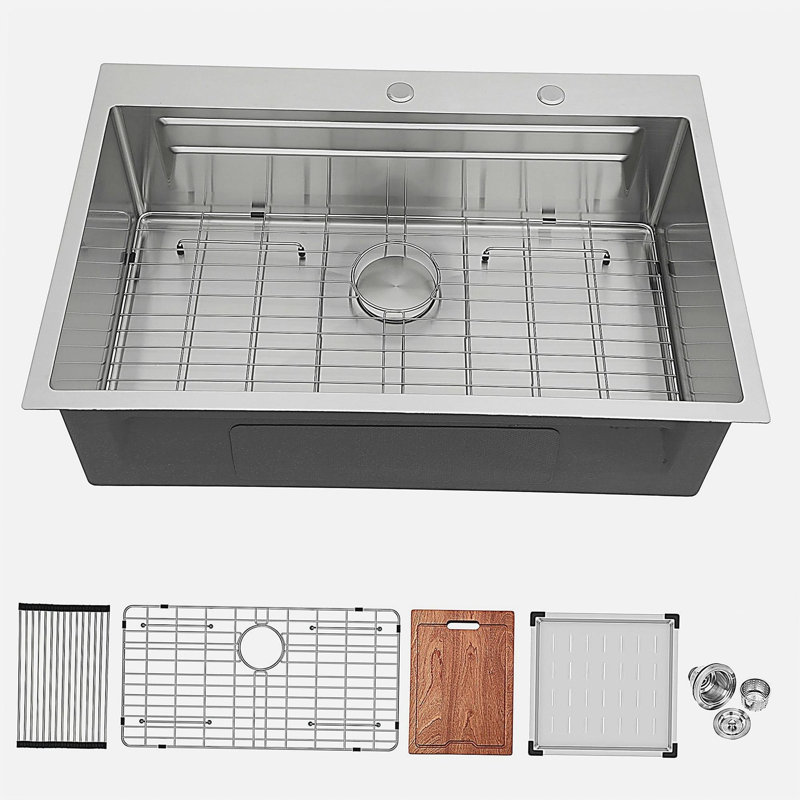 33" Drop in Kitchen Sink - 33*22 inch Kitchen Sink Drop-in Topmount Single Bowl 16 Gauge Stainless Steel Ledge Workstation Kitchen Sinks, 33 x 22 x 10 inch Kitchen Sinks