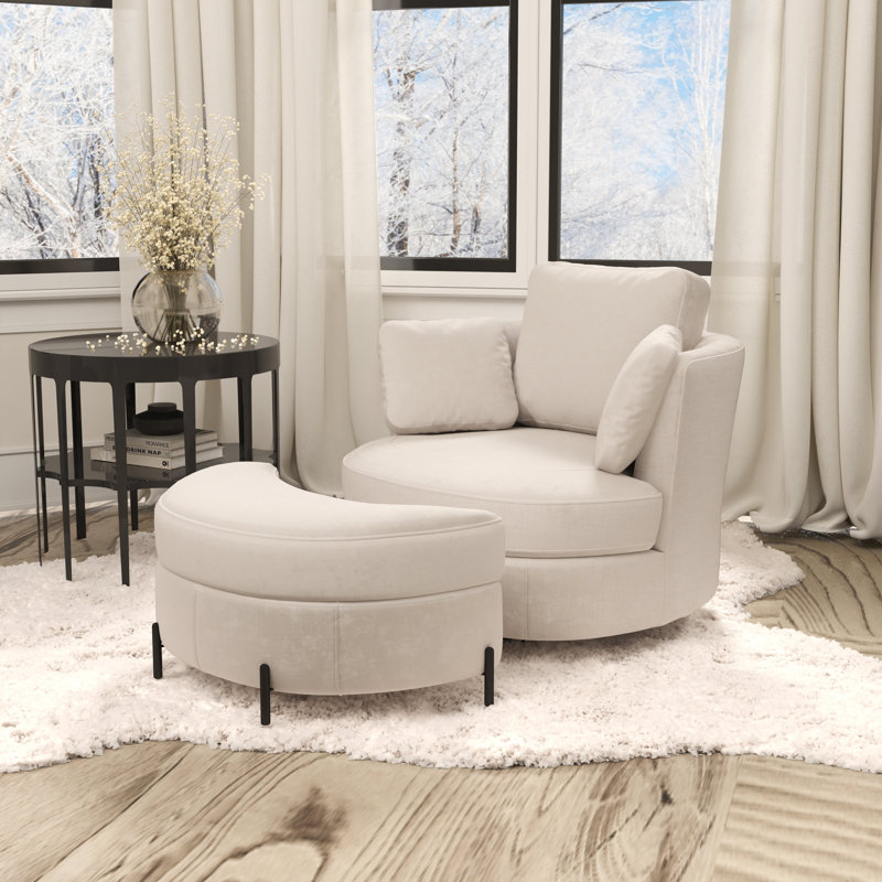 Swivel Accent Chair With Storage Ottoman, Beige