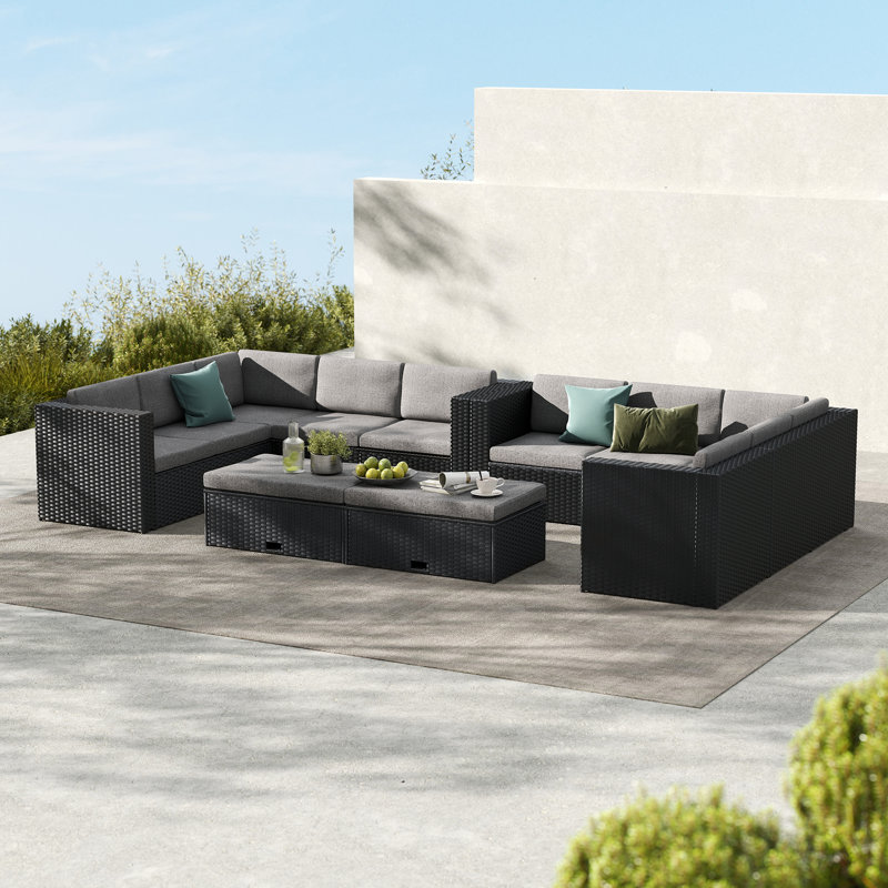 10-person Seat U-shaped Outdoor Sectional Set, Black