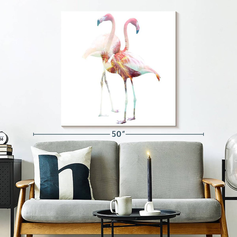 Couple tropical flamant rose, H 33 po x l 33 po