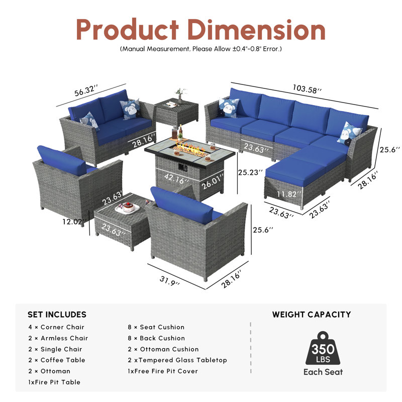 Koyno 10 - Person Patio Conversation Set with Cushions, Navy, Yes
