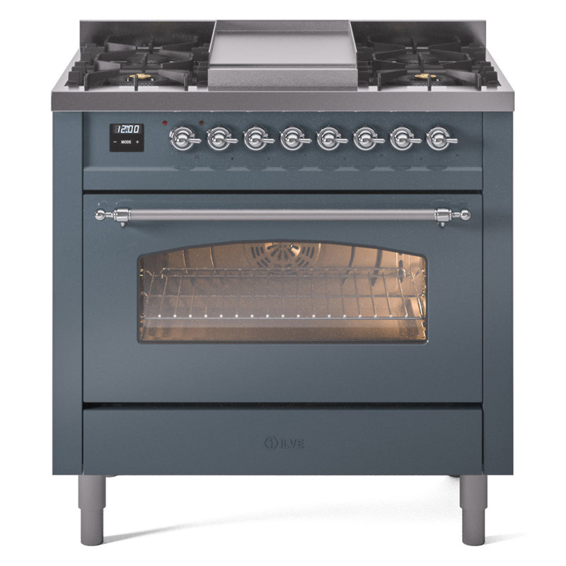 ILVE Nostalgie II Series 36 inch Dual Fuel Range with 6 Burners, Griddle (Glass Door), Blue Gray/Chrome, Natural Gas