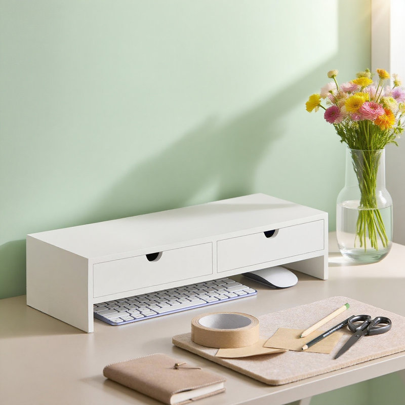 Support pour écran d'ordinateur blanc pour bureau avec 2 tiroirs, support pour écran d'ordinateur, Blanc