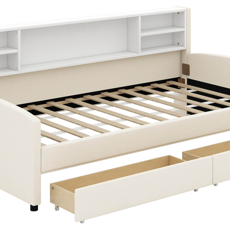 Lit plateforme simple tapissier avec tiroirs, Beige