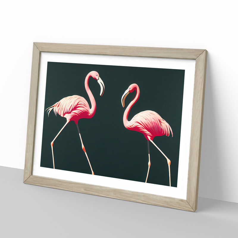 Shining Flamingos - Single Picture Frame Print, 25cm H x 34cm W x 2cm D, Oak