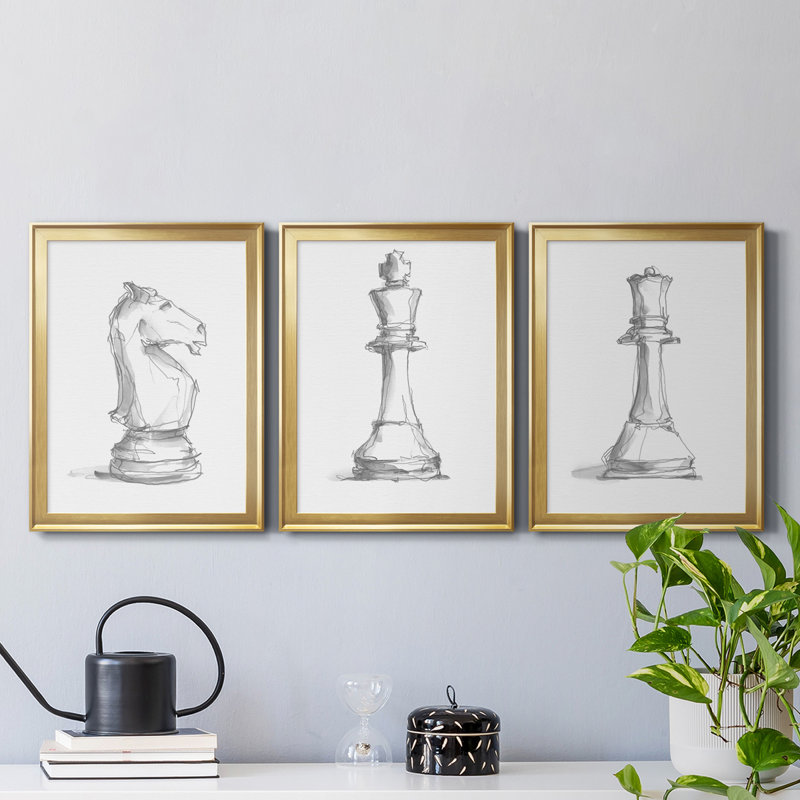 Chess Room Study I, reproduction encadrée de qualité supérieure - prête à être accrochée, H 30,5 po x l 67,5 po x P 1 po, Or