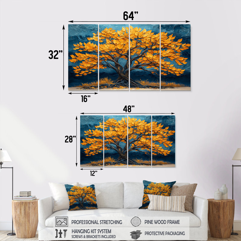 Arbre africain dans des tons jaunes et bleus - ensemble d'art mural arbre de vie, H 32 po x l 64 po