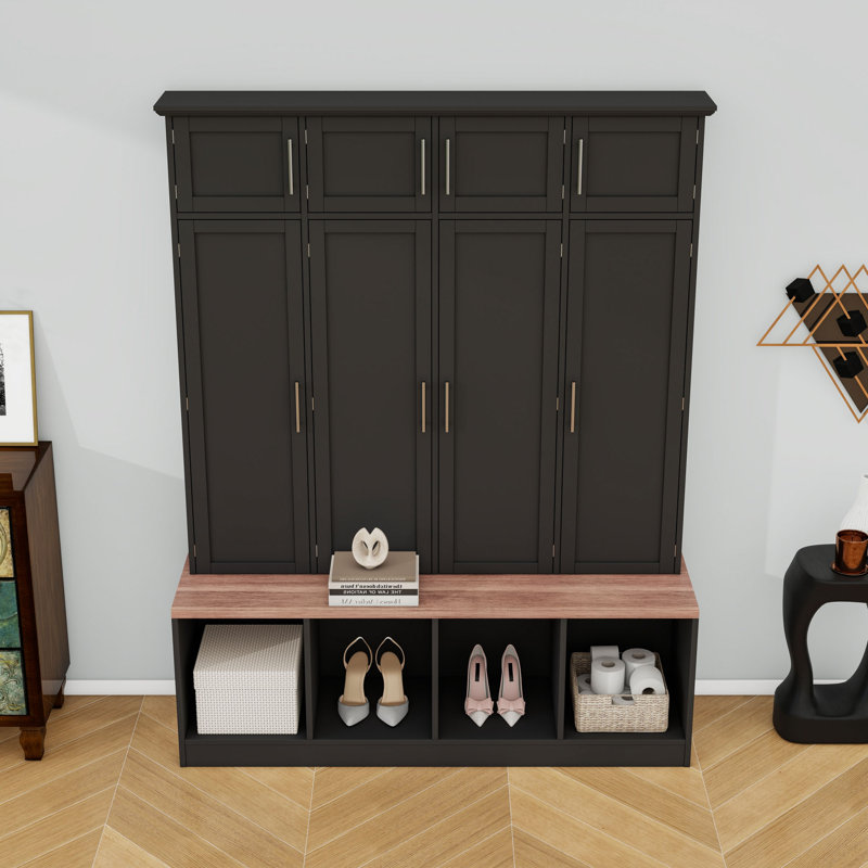 Arbre d'entrée moderne en bois avec banc, crochets de suspension et armoires de rangement pour l'organisation du vestibule
